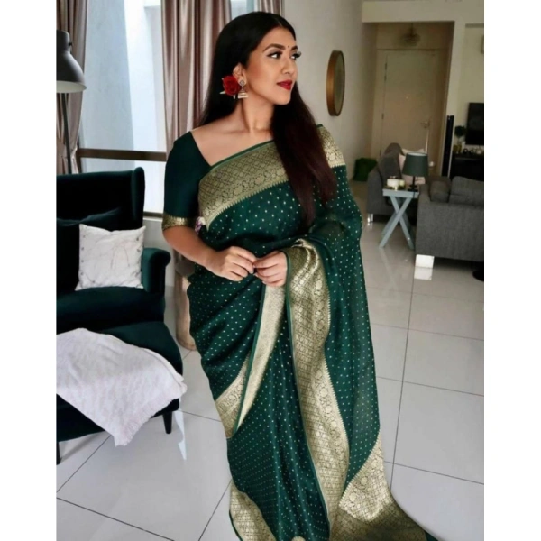 Shopnav Women's Litchi silk Printed Saree With Unstitched Blouse (Green)