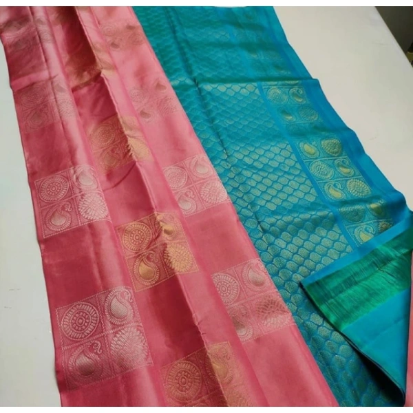 Shopnav Women's Litchi silk Printed Saree With Unstitched Blouse (Peach With Turquise Green)