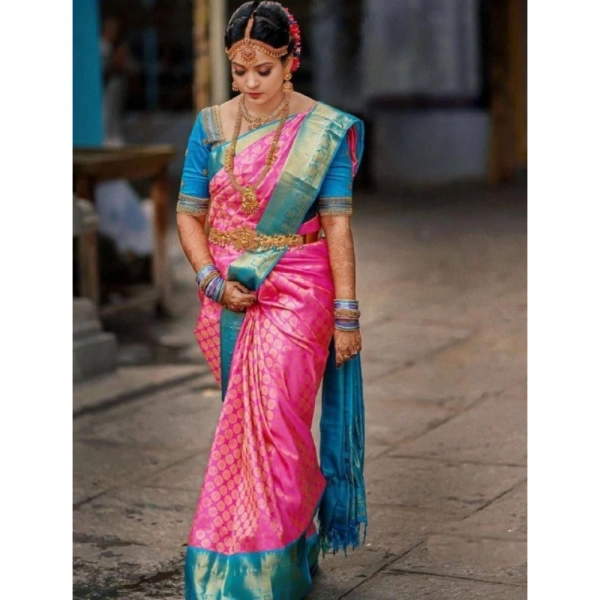 Shopnav Women's Litchi silk Printed Saree With Unstitched Blouse (Pink)