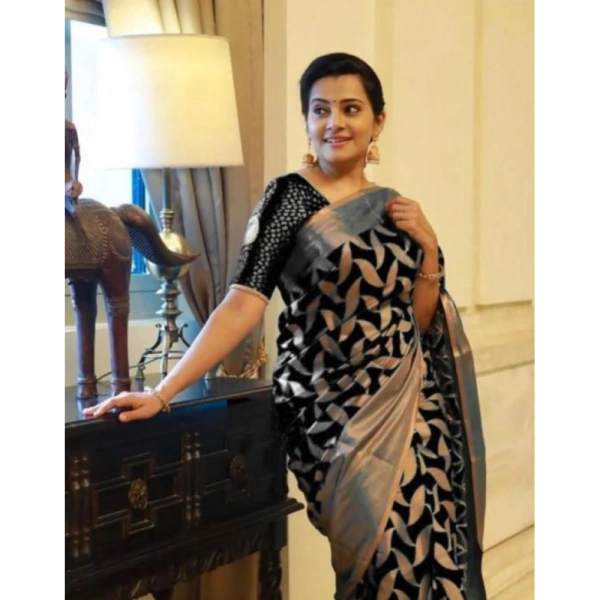 Shopnav Women's Litchi silk Printed Saree With Unstitched Blouse (Black)