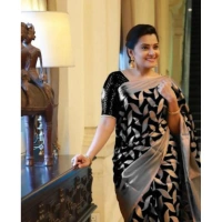 Shopnav Women's Litchi silk Printed Saree With Unstitched Blouse (Black)