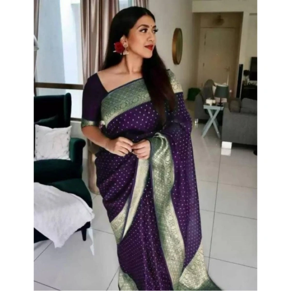 Shopnav Women's Litchi silk Printed Saree With Unstitched Blouse (Purple)