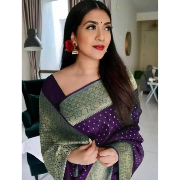 Shopnav Women's Litchi silk Printed Saree With Unstitched Blouse (Purple)
