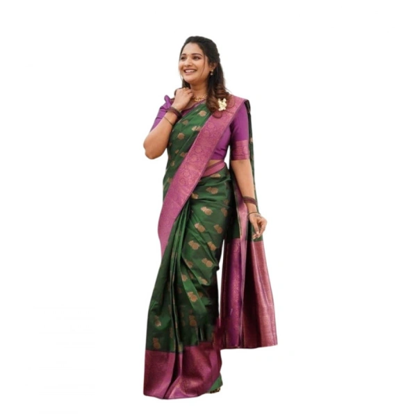 Shopnav Women's Litchi silk Printed Saree With Unstitched Blouse (Green)