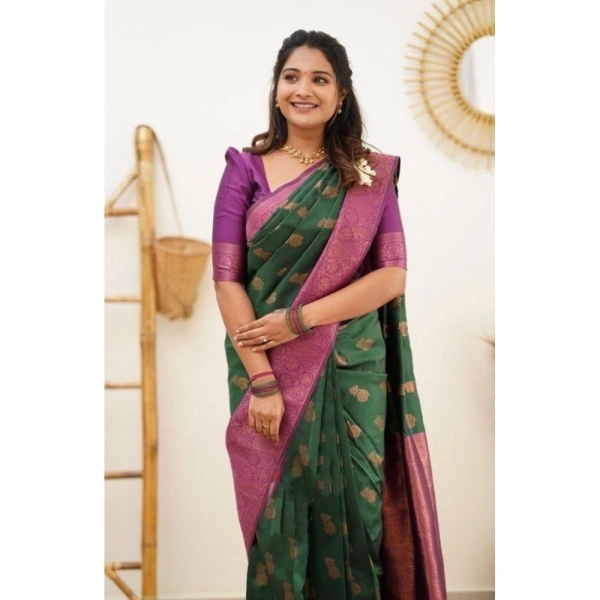 Shopnav Women's Litchi silk Printed Saree With Unstitched Blouse (Green)