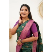 Shopnav Women's Litchi silk Printed Saree With Unstitched Blouse (Green)