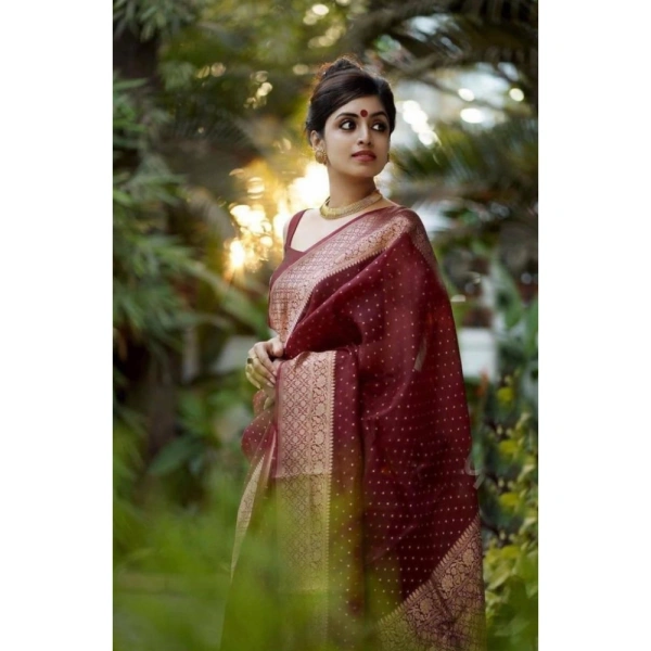 Shopnav Women's Litchi silk Printed Saree With Unstitched Blouse (Maroon)