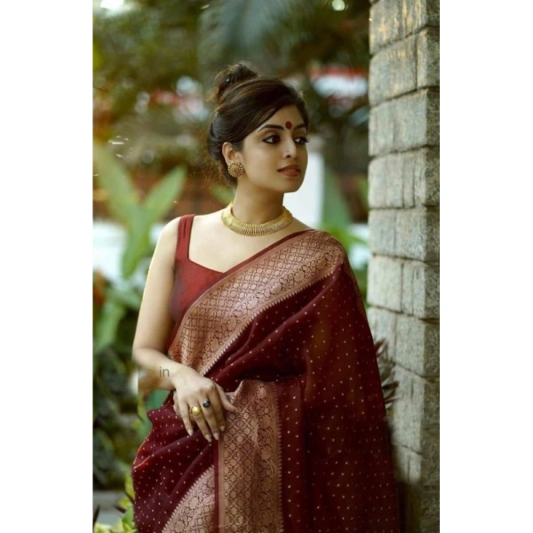 Shopnav Women's Litchi silk Printed Saree With Unstitched Blouse (Maroon)