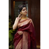 Shopnav Women's Litchi silk Printed Saree With Unstitched Blouse (Maroon)