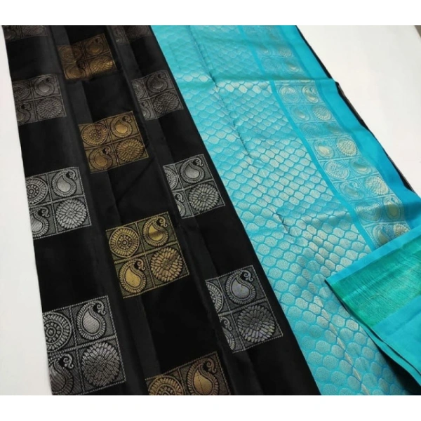 Shopnav Women's Litchi silk Printed Saree With Unstitched Blouse (Black With Blue)
