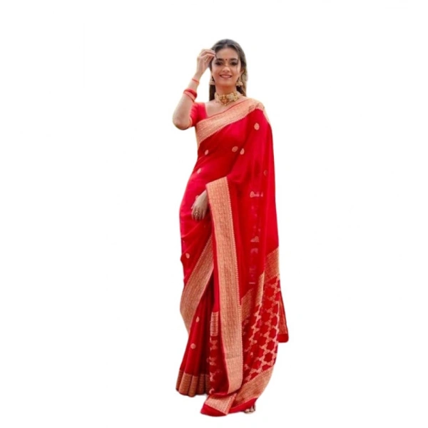 Shopnav Women's Litchi silk Printed Saree With Unstitched Blouse (Red)