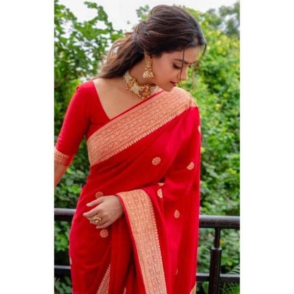 Shopnav Women's Litchi silk Printed Saree With Unstitched Blouse (Red)
