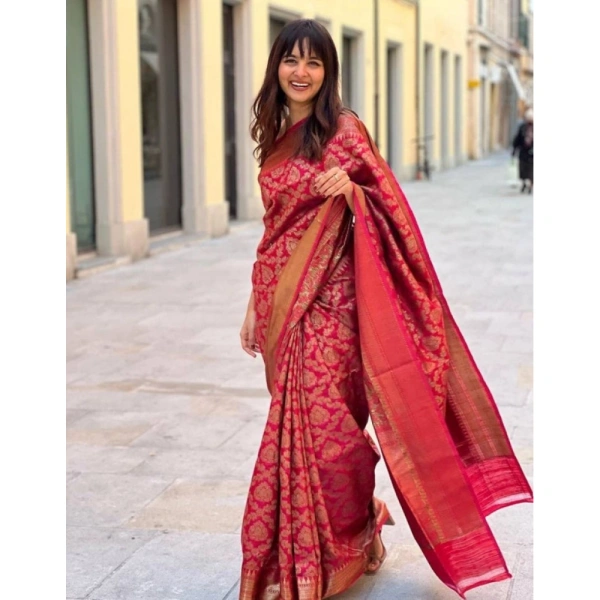 Shopnav Women's Litchi silk Printed Saree With Unstitched Blouse (Red)