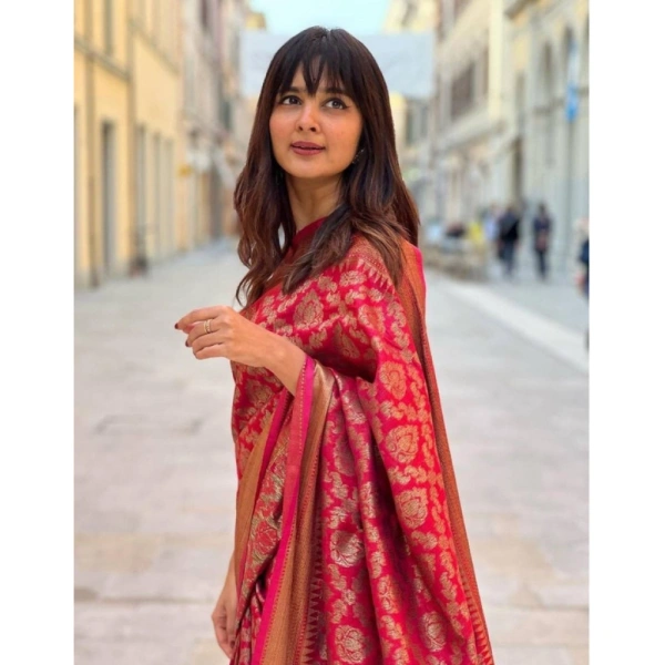 Shopnav Women's Litchi silk Printed Saree With Unstitched Blouse (Red)