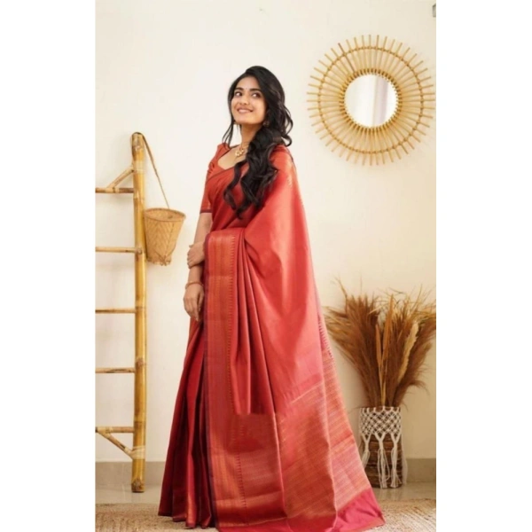 Shopnav Women's Litchi silk Printed Saree With Unstitched Blouse (Red)