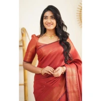 Shopnav Women's Litchi silk Printed Saree With Unstitched Blouse (Red)