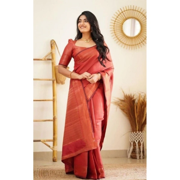 Shopnav Women's Litchi silk Printed Saree With Unstitched Blouse (Red)