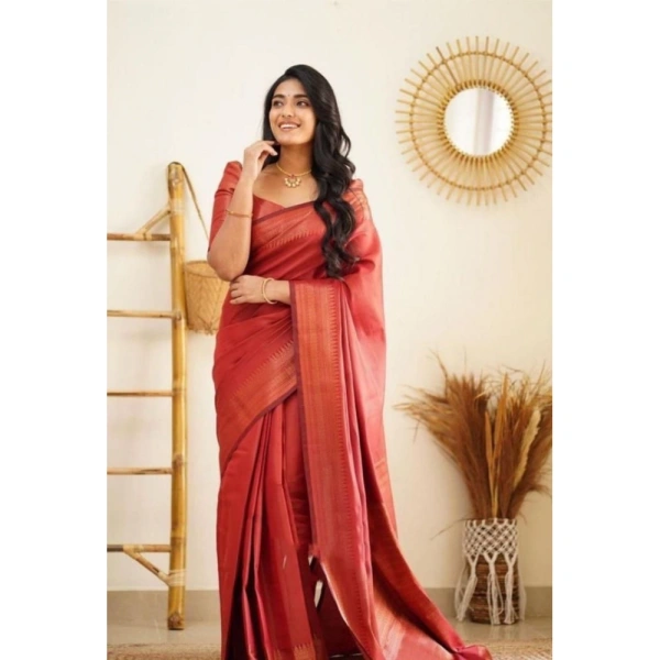 Shopnav Women's Litchi silk Printed Saree With Unstitched Blouse (Red)