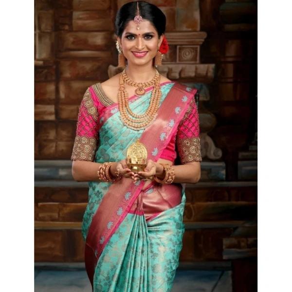 Shopnav Women's Litchi silk Printed Saree With Unstitched Blouse (Turquise Blue)