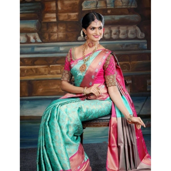 Shopnav Women's Litchi silk Printed Saree With Unstitched Blouse (Turquise Blue)
