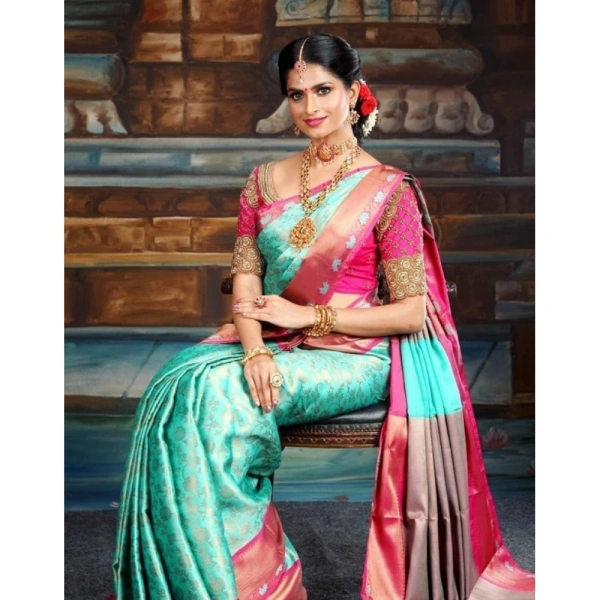 Shopnav Women's Litchi silk Printed Saree With Unstitched Blouse (Turquise Blue)