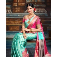 Shopnav Women's Litchi silk Printed Saree With Unstitched Blouse (Turquise Blue)