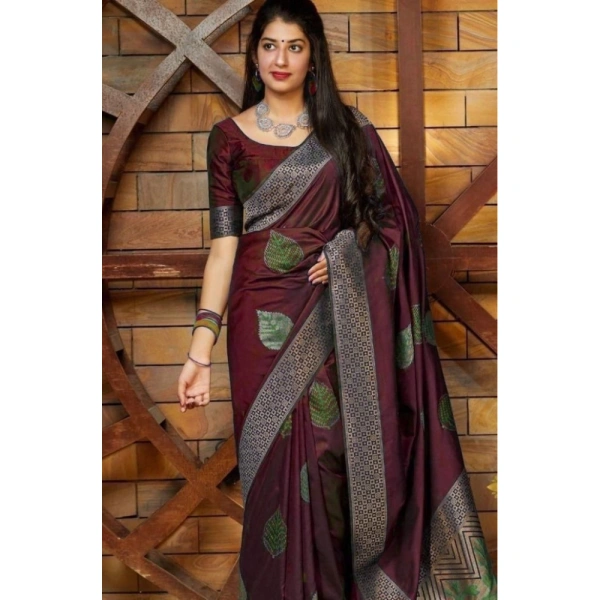 Shopnav Women's Litchi silk Printed Saree With Unstitched Blouse (Maroon)