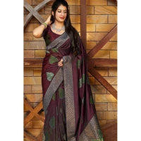 Shopnav Women's Litchi silk Printed Saree With Unstitched Blouse (Maroon)