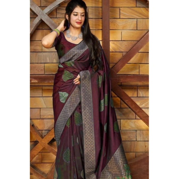 Shopnav Women's Litchi silk Printed Saree With Unstitched Blouse (Maroon)