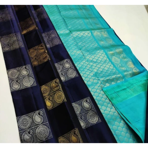 Shopnav Women's Litchi silk Printed Saree With Unstitched Blouse (Navy Blue With Turquise Blue)