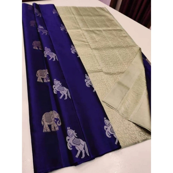 Shopnav Women's Litchi silk Printed Saree With Unstitched Blouse (Navy Blue With White)