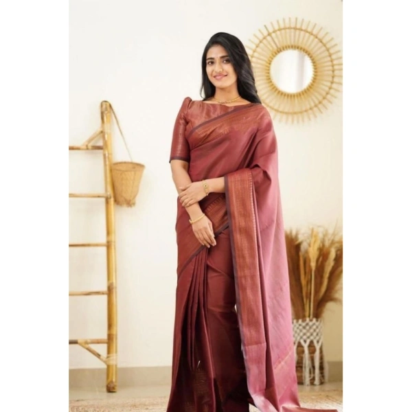 Shopnav Women's Litchi silk Printed Saree With Unstitched Blouse (Maroon)