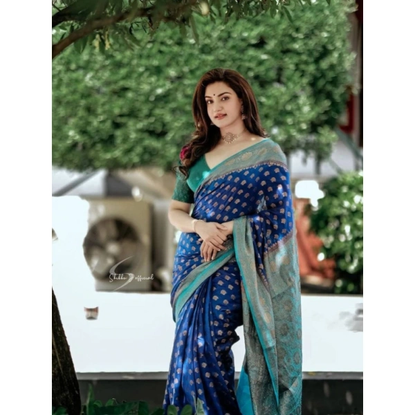 Shopnav Women's Litchi silk Printed Saree With Unstitched Blouse (Navy Blue)
