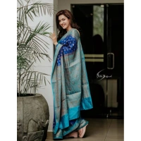 Shopnav Women's Litchi silk Printed Saree With Unstitched Blouse (Navy Blue)