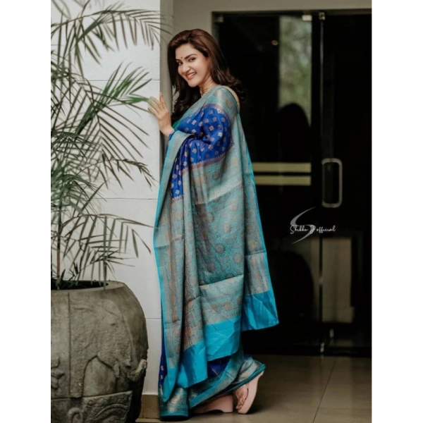Shopnav Women's Litchi silk Printed Saree With Unstitched Blouse (Navy Blue)