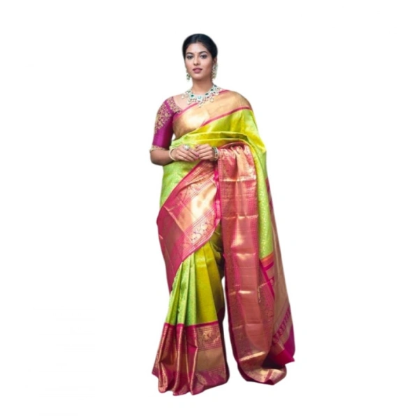 Shopnav Women's Litchi silk Printed Saree With Unstitched Blouse (Green)