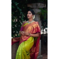 Shopnav Women's Litchi silk Printed Saree With Unstitched Blouse (Green)
