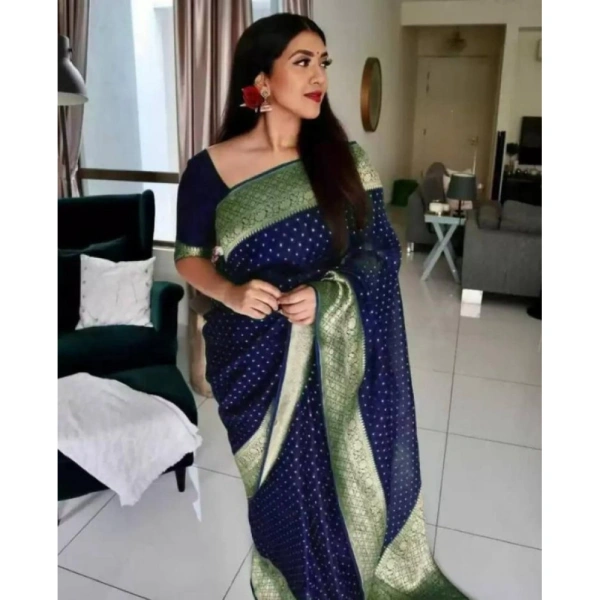 Shopnav Women's Litchi silk Printed Saree With Unstitched Blouse (Blue)