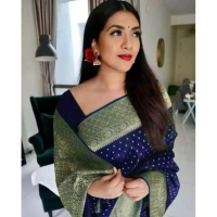 Shopnav Women's Litchi silk Printed Saree With Unstitched Blouse (Blue)