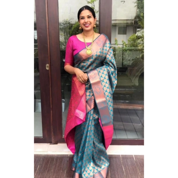 Shopnav Women's Litchi silk Printed Saree With Unstitched Blouse (Blue)