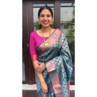 Shopnav Women's Litchi silk Printed Saree With Unstitched Blouse (Blue)