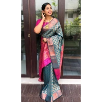 Shopnav Women's Litchi silk Printed Saree With Unstitched Blouse (Blue)