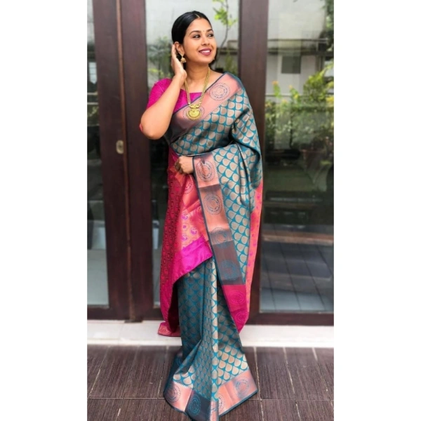 Shopnav Women's Litchi silk Printed Saree With Unstitched Blouse (Blue)