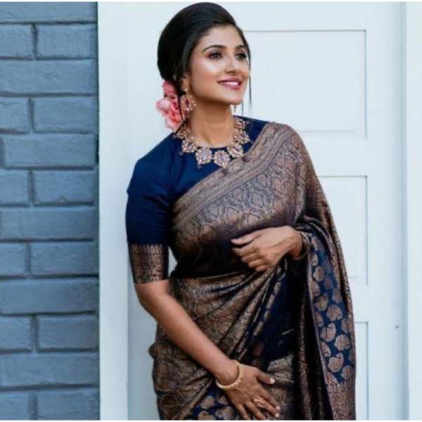 Shopnav Women's Litchi silk Printed Saree With Unstitched Blouse (Blue)
