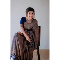 Shopnav Women's Litchi silk Printed Saree With Unstitched Blouse (Blue)