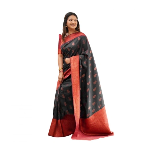 Shopnav Women's Litchi silk Printed Saree With Unstitched Blouse (Grey)