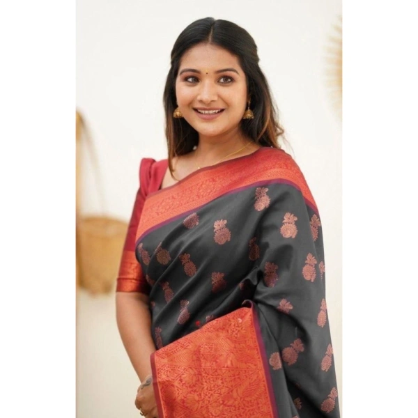 Shopnav Women's Litchi silk Printed Saree With Unstitched Blouse (Grey)