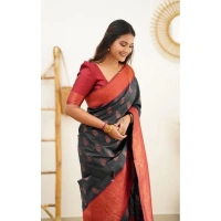 Shopnav Women's Litchi silk Printed Saree With Unstitched Blouse (Grey)