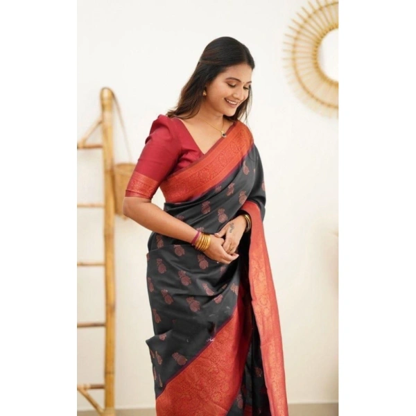 Shopnav Women's Litchi silk Printed Saree With Unstitched Blouse (Grey)