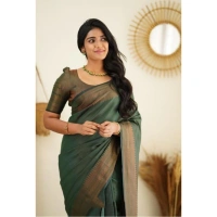 Shopnav Women's Litchi silk Printed Saree With Unstitched Blouse (Green)